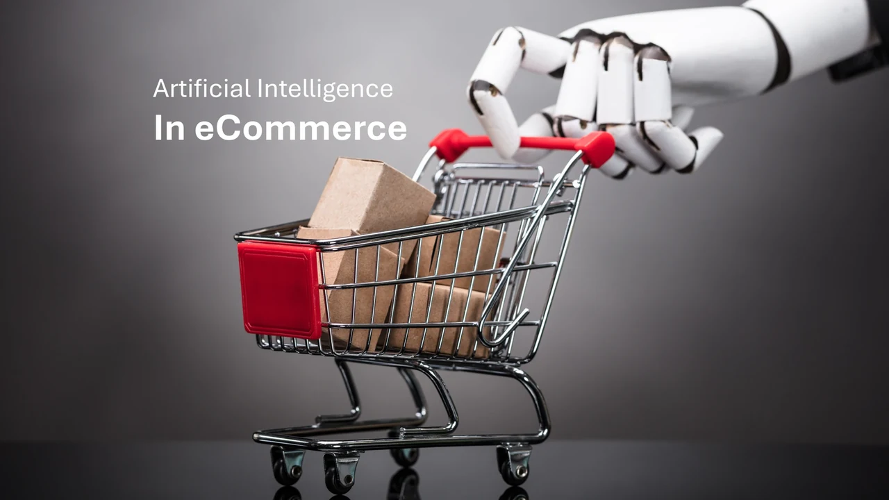 Yapay zeka ve e-ticaret — Robotik el ve alışveriş sepeti